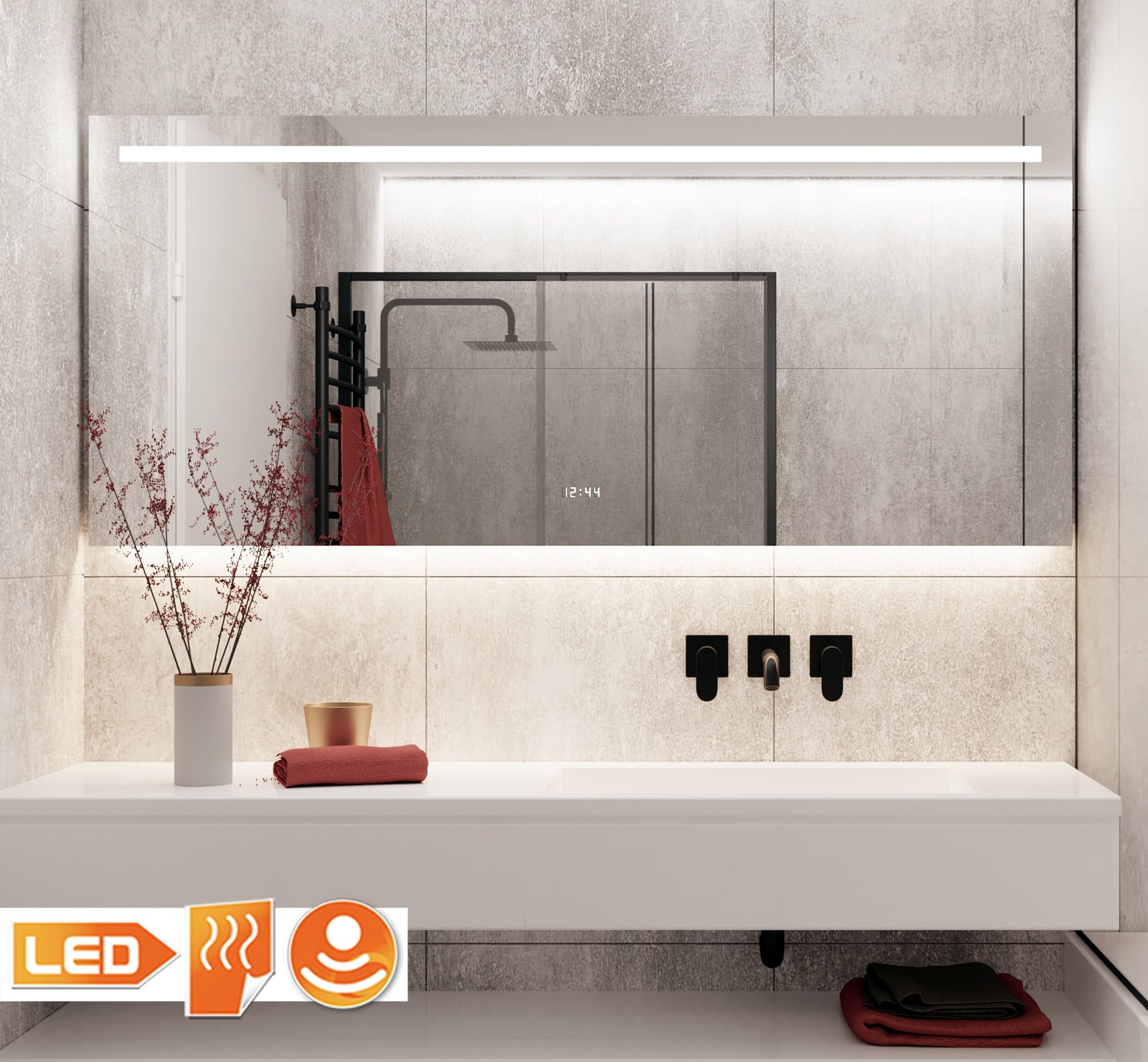 Badkamerspiegel verlichting, verwarming, klok, sensor en dimfunctie - Designspiegels