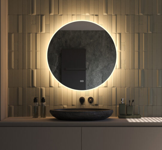 Ronde design spiegel met een diameter van 80 cm en van alle gemakken voorzien: dimbare verlichting, spiegelverwarming en instelbare lichtkleur