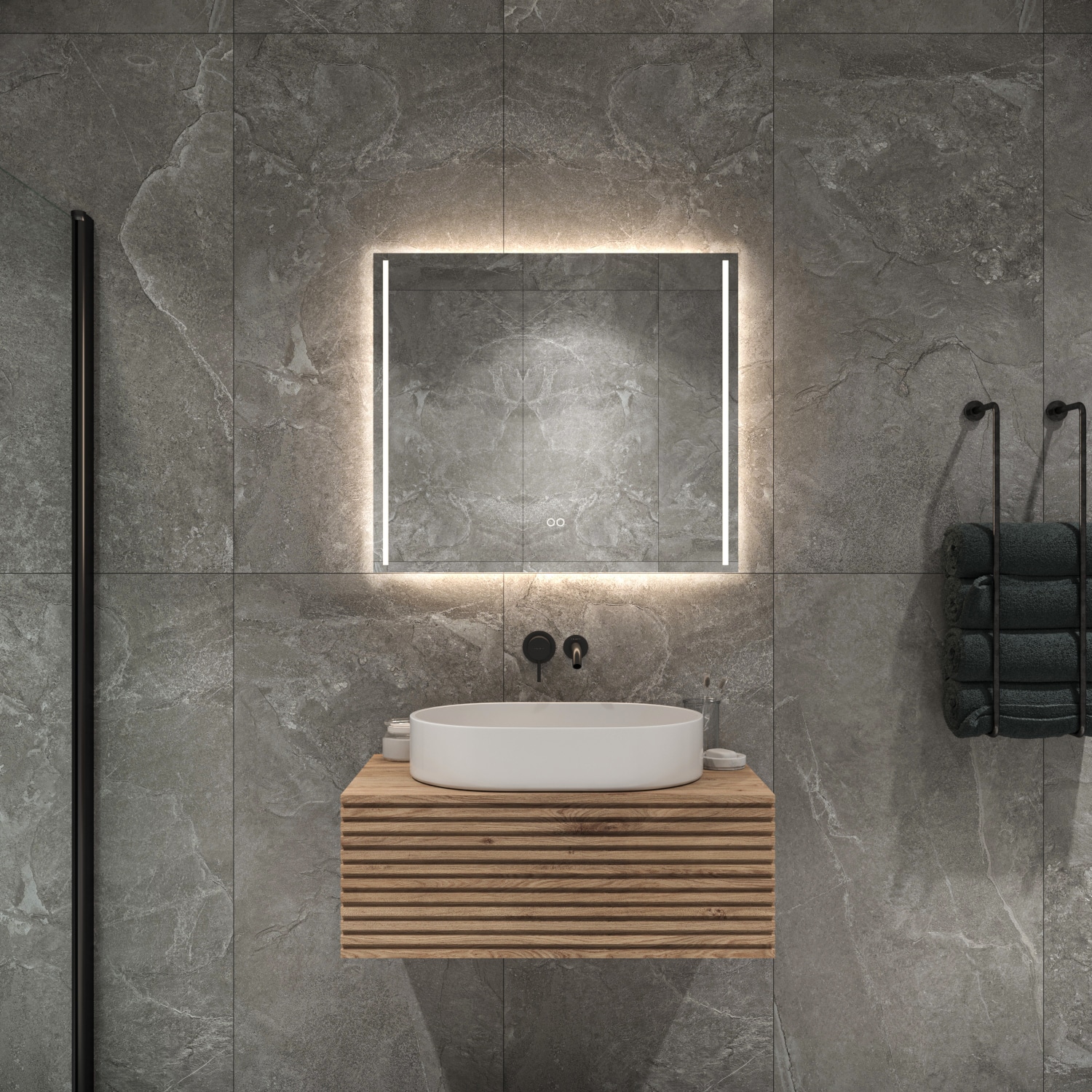 escort onderwerp grijs Badkamerspiegel met LED verlichting, verwarming, instelbare lichtkleur en  dimfunctie 80x70 cm - Designspiegels