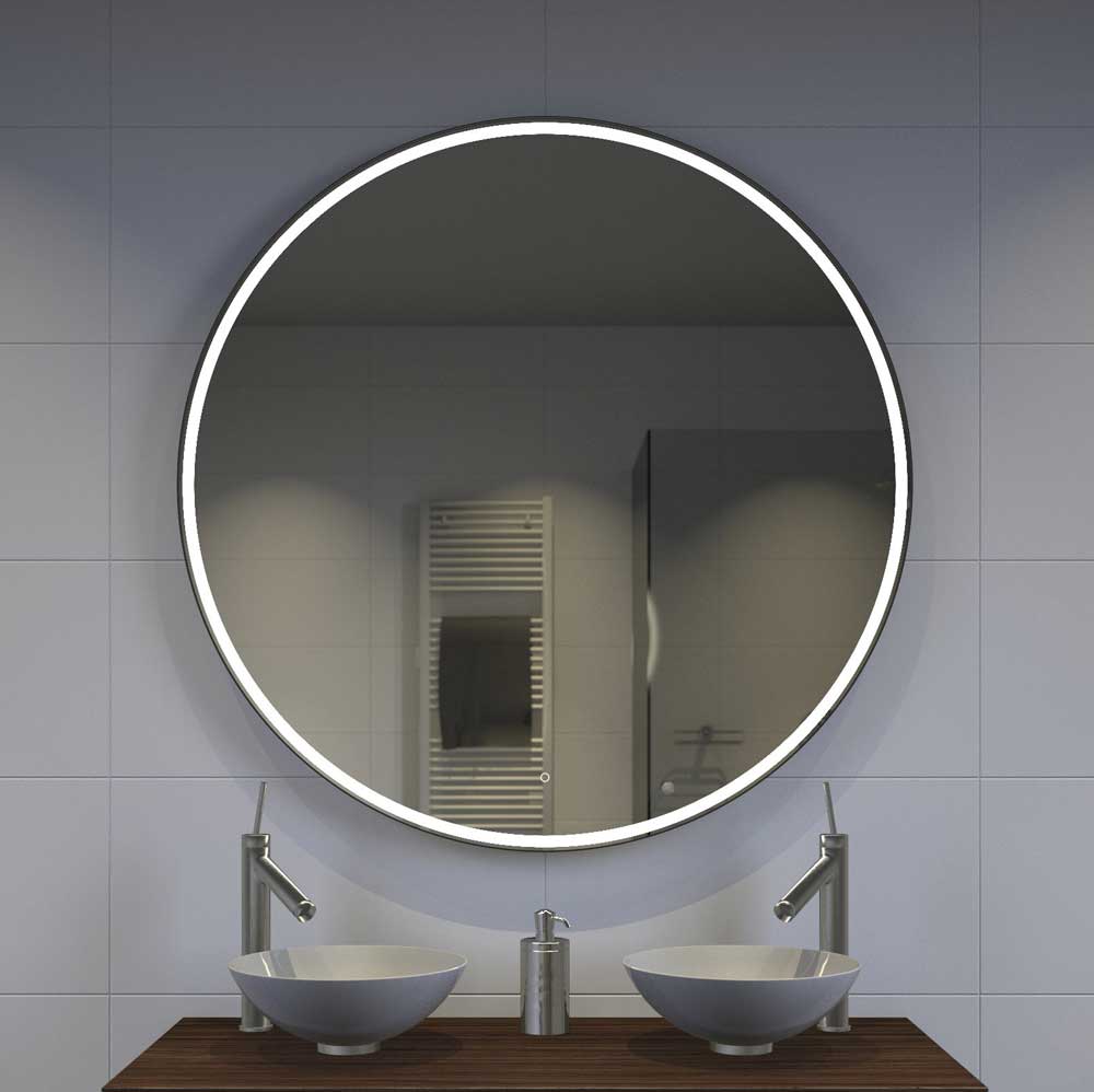 Ronde badkamerspiegel met verlichting, verwarming, touch sensor, dimfunctie en mat zwart frame 100x100 cm Designspiegels