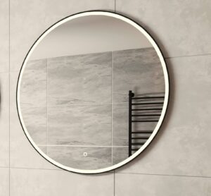 Trendy ronde spiegel met mat zwart frame, goede verlichting en handige spiegelverwarming