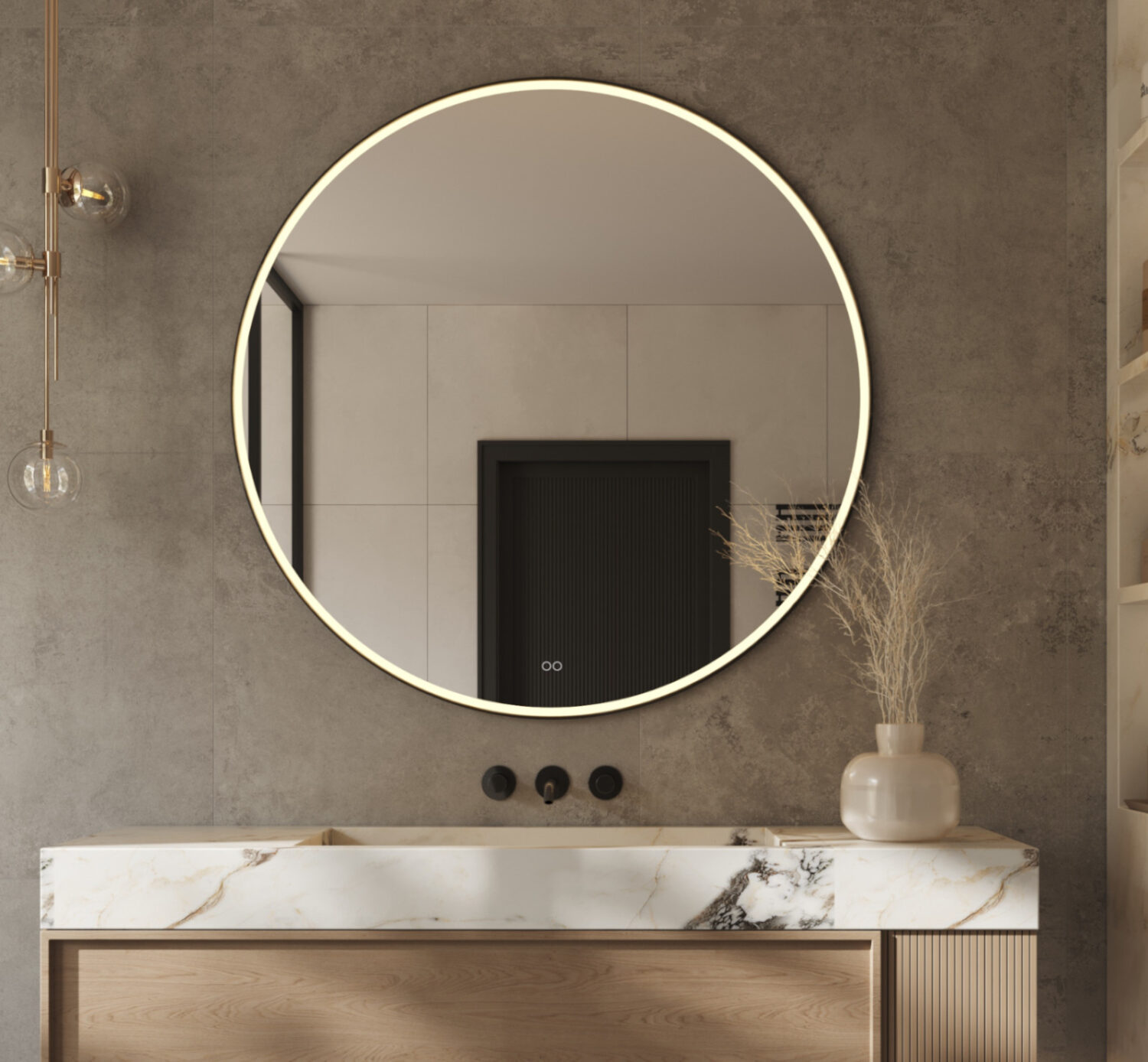 Ronde badkamerspiegel met LED verlichting, verwarming, instelbare dimfunctie en zwart frame 120x120 cm Designspiegels