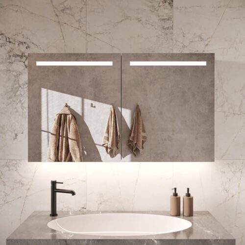contrast bak afgunst Aluminium badkamer spiegelkast met LED verlichting boven en onder,  verwarming, sensor en stopcontact 120x70 cm - Designspiegels
