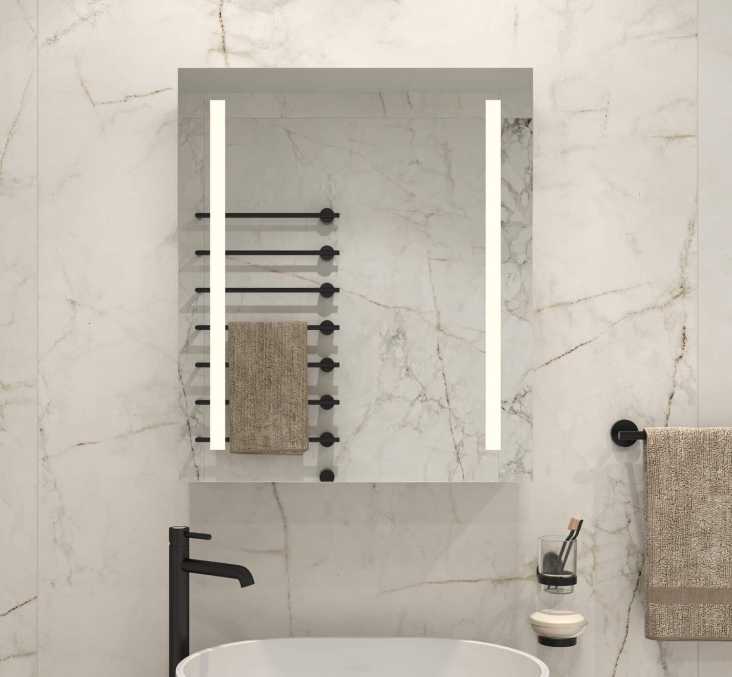 Anoi biologisch moord Aluminium badkamer spiegelkast met LED verlichting links rechts,  verwarming, sensor en stopcontact 60×70 cm - Designspiegels