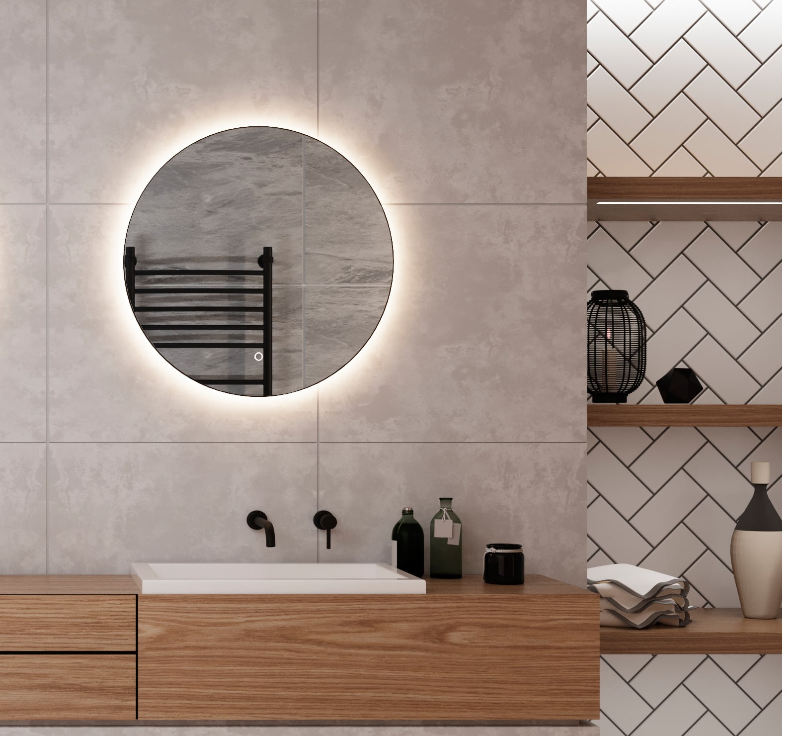 Ronde badkamerspiegel met verlichting, verwarming, touch sensor, dimfunctie en mat zwart frame 60x60 cm - Designspiegels