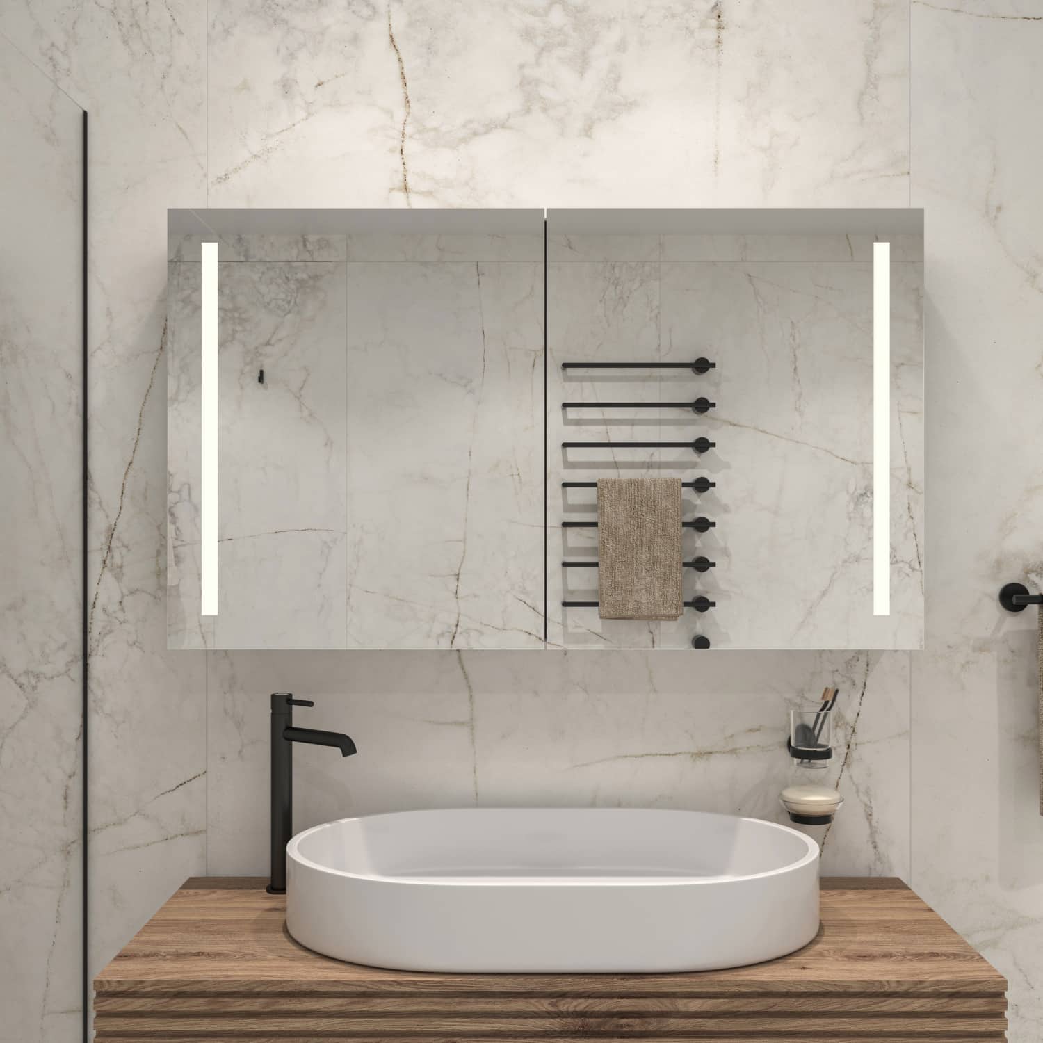 Aluminium badkamer spiegelkast met verlichting en rechts, verwarming, sensor en stopcontact 120 x 70 cm - Designspiegels