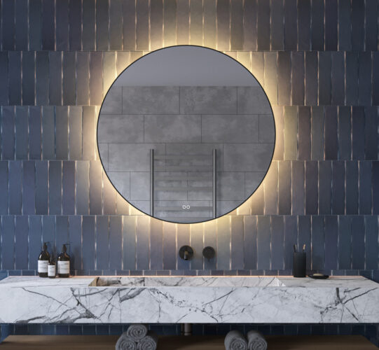 Deze trendy 100 cm ronde badkamer spiegel is van alle gemakken voorzien, zoals: ambient verlichting, spiegelverwarming, dimfunctie en instelbare lichtkleur