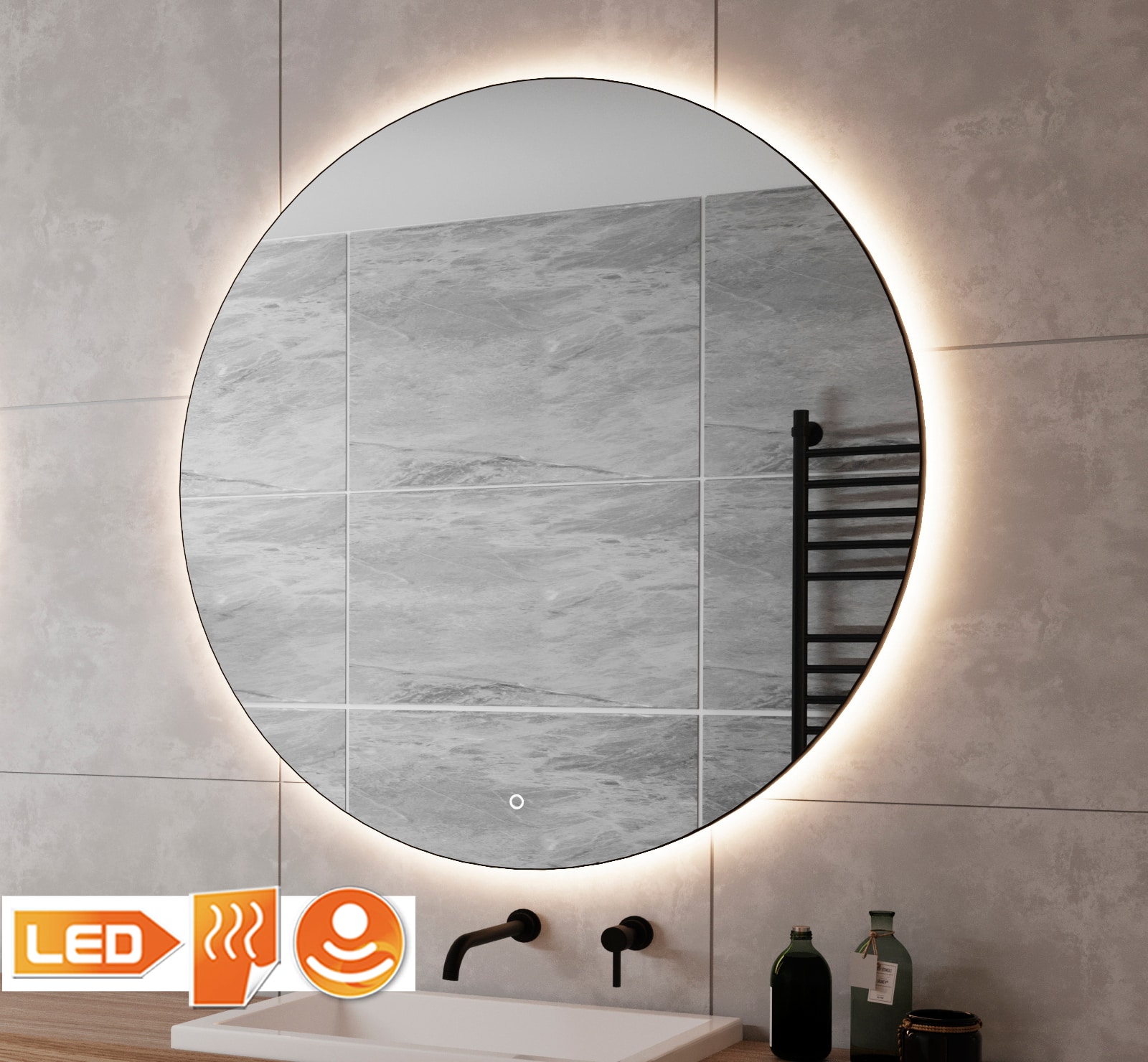 Ronde badkamerspiegel met indirecte verlichting, verwarming, touch sensor, dimfunctie mat frame 100x100 cm - Designspiegels