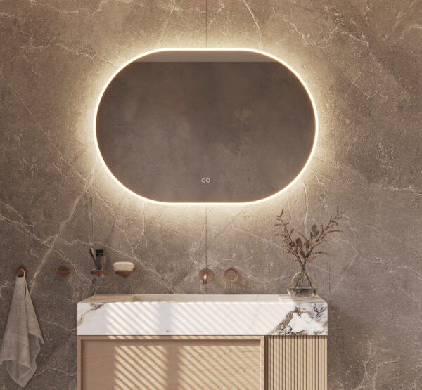 Deze ovale design spiegel van 100x70 cm is van alle gemakken voorzien, zoals: geïntegreerde directe + indirecte verlichting, spiegelverwarming, instelbare lichtkleur en een dimfunctie