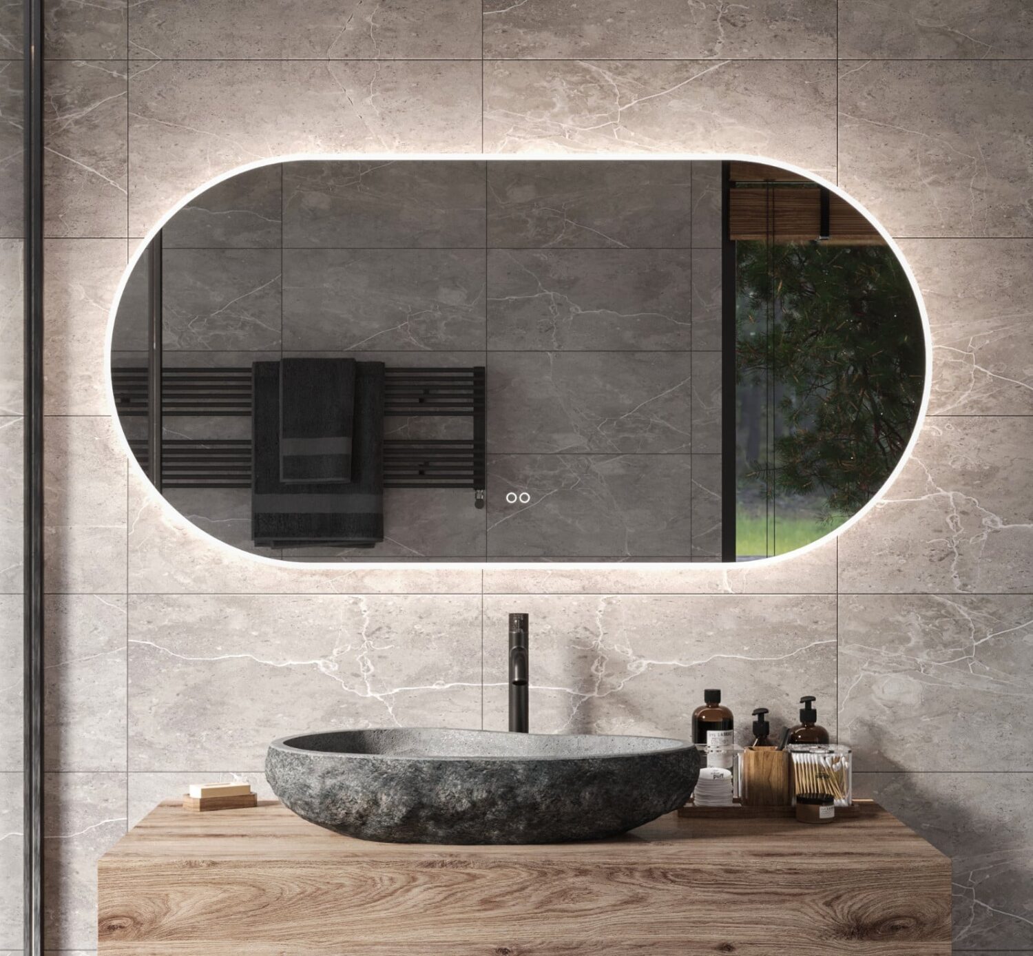 Ovale badkamerspiegel met LED verwarming, instelbare lichtkleur en dimfunctie 140x70 - Designspiegels