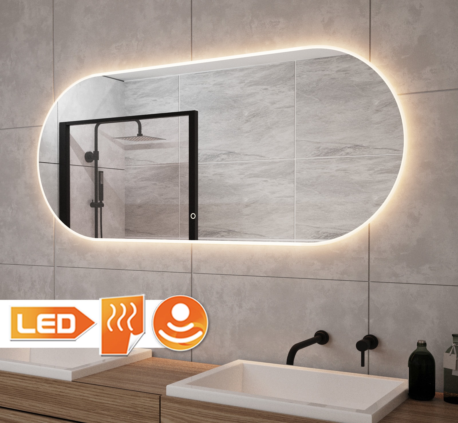 Indica bescherming Dijk Ovalen badkamerspiegel met LED verlichting, verwarming, touch sensor en  dimfunctie 140x60 cm - Designspiegels