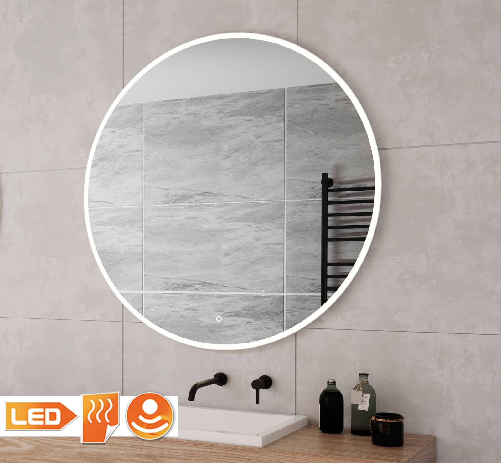 Ronde badkamerspiegel met LED verlichting, verwarming, touch dimfunctie en wit frame 60x60 cm - Designspiegels