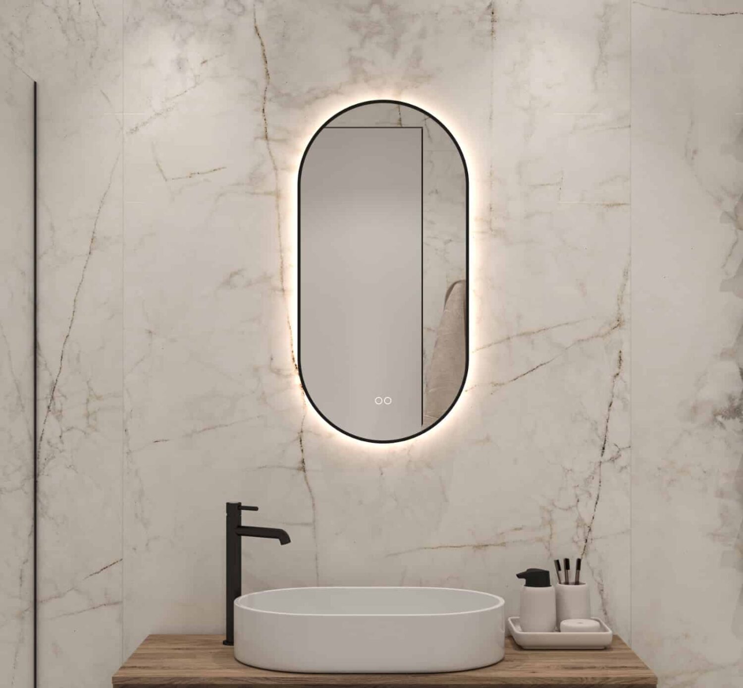 motto Goedaardig Hoe Ovale badkamerspiegel met LED verlichting, verwarming, touch sensor,  kleurenwissel en mat zwart frame 40x80 cm - Designspiegels