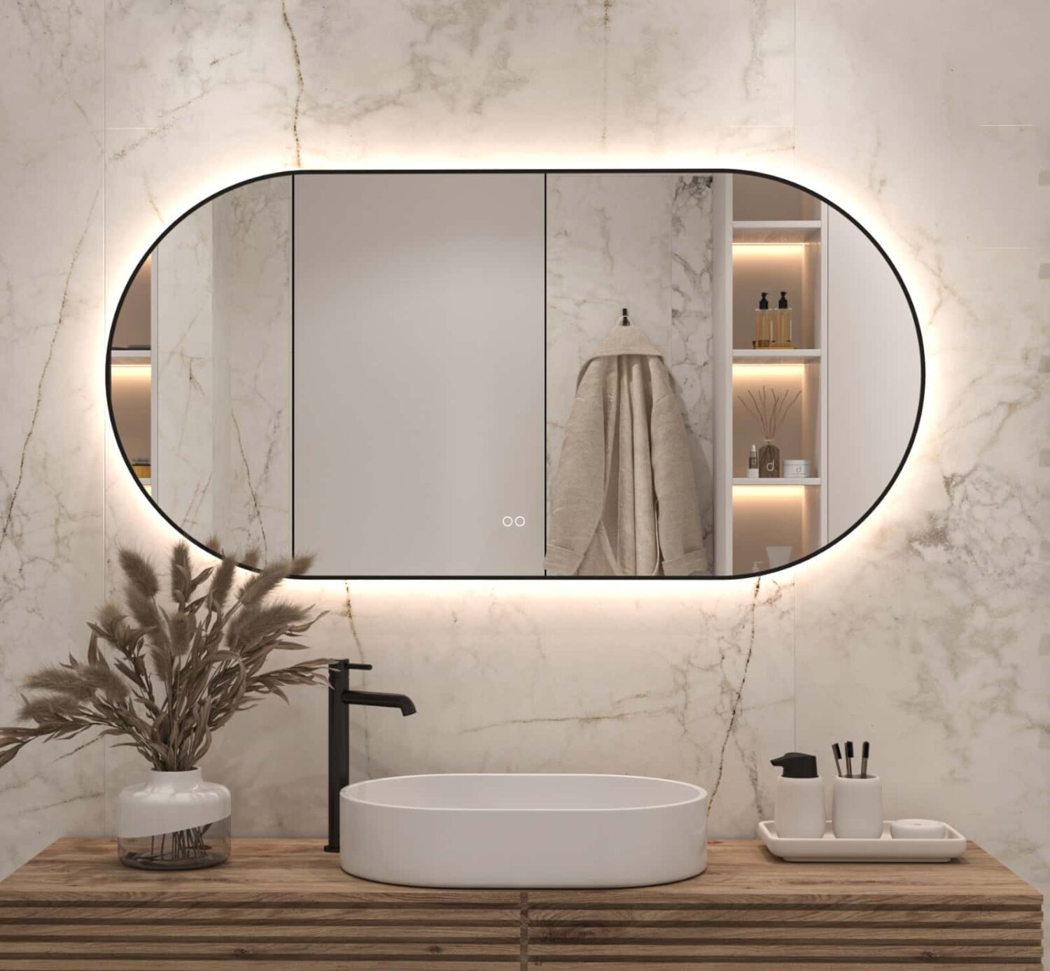 mosterd lood Onderhoudbaar Ovale badkamerspiegel met LED verlichting, verwarming, touch sensor,  kleurenwissel en mat zwart frame 140x70 cm - Designspiegels