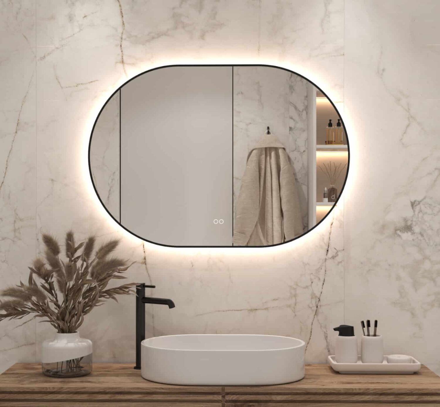 Canberra weekend fabriek Ovale badkamerspiegel met LED verlichting, verwarming, touch sensor,  kleurenwissel en mat zwart frame 100x70 cm - Designspiegels