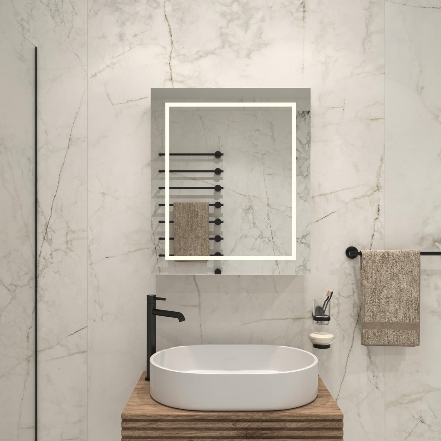 Aluminium badkamer spiegelkast met LED rondom, verwarming, sensor en stopcontact 60×70 cm - Designspiegels