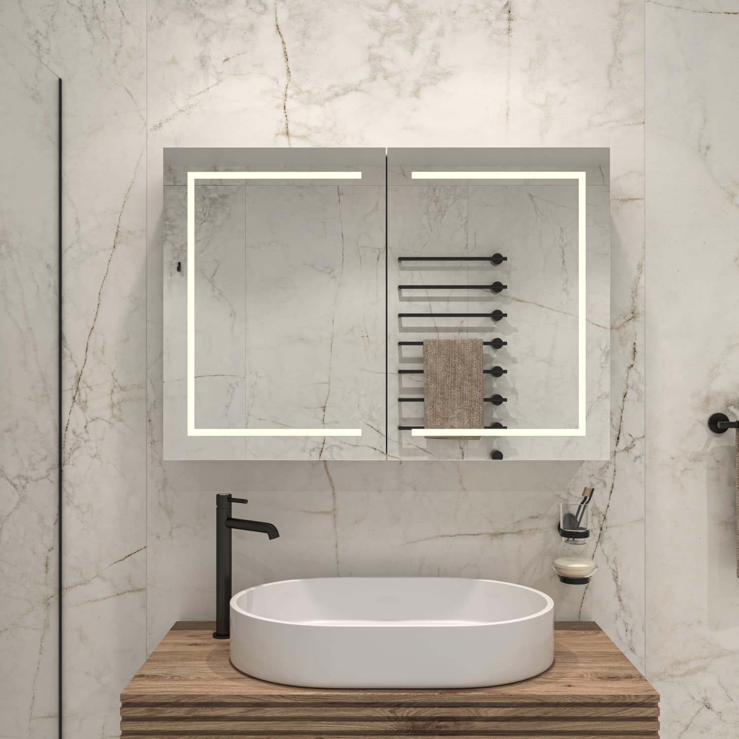 Notitie servet Veeg Aluminium badkamer spiegelkast met LED verlichting rondom,  spiegelverwarming, stopcontact inclusief USB, make-up spiegel en sensor  schakelaar 100x70 cm - Designspiegels