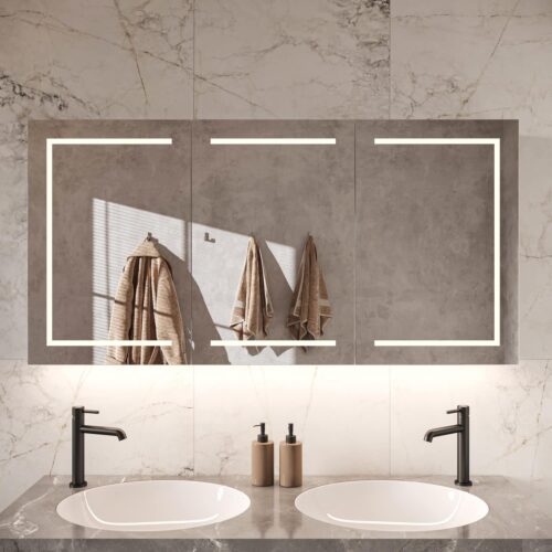 overhandigen Vernietigen Artistiek Aluminium badkamer spiegelkast met LED verlichting rondom en onder,  verwarming, sensor en stopcontact 140x70 cm - Designspiegels