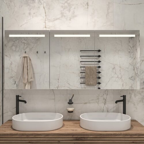 zwart Moet Verzorger Aluminium badkamer spiegelkast met LED verlichting aan de bovenzijde,  verwarming, sensor en stopcontact 160 x 70 cm - Designspiegels