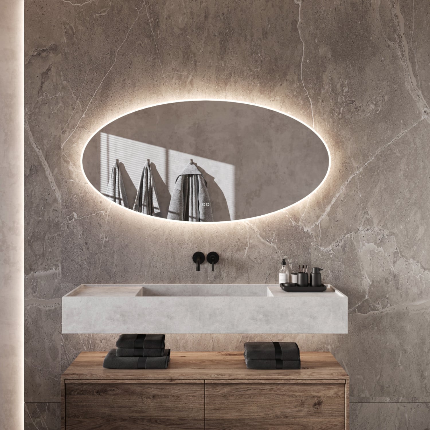 Dekking mesh Eik Ovalen badkamerspiegel met LED verlichting, verwarming, instelbare  lichtkleur en dimfunctie 140x70 cm - Designspiegels